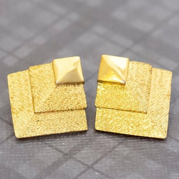 Vintage Gold Tone Geometric Squares Stud Earrings by Trifari, G42 - Picture 1 of 3